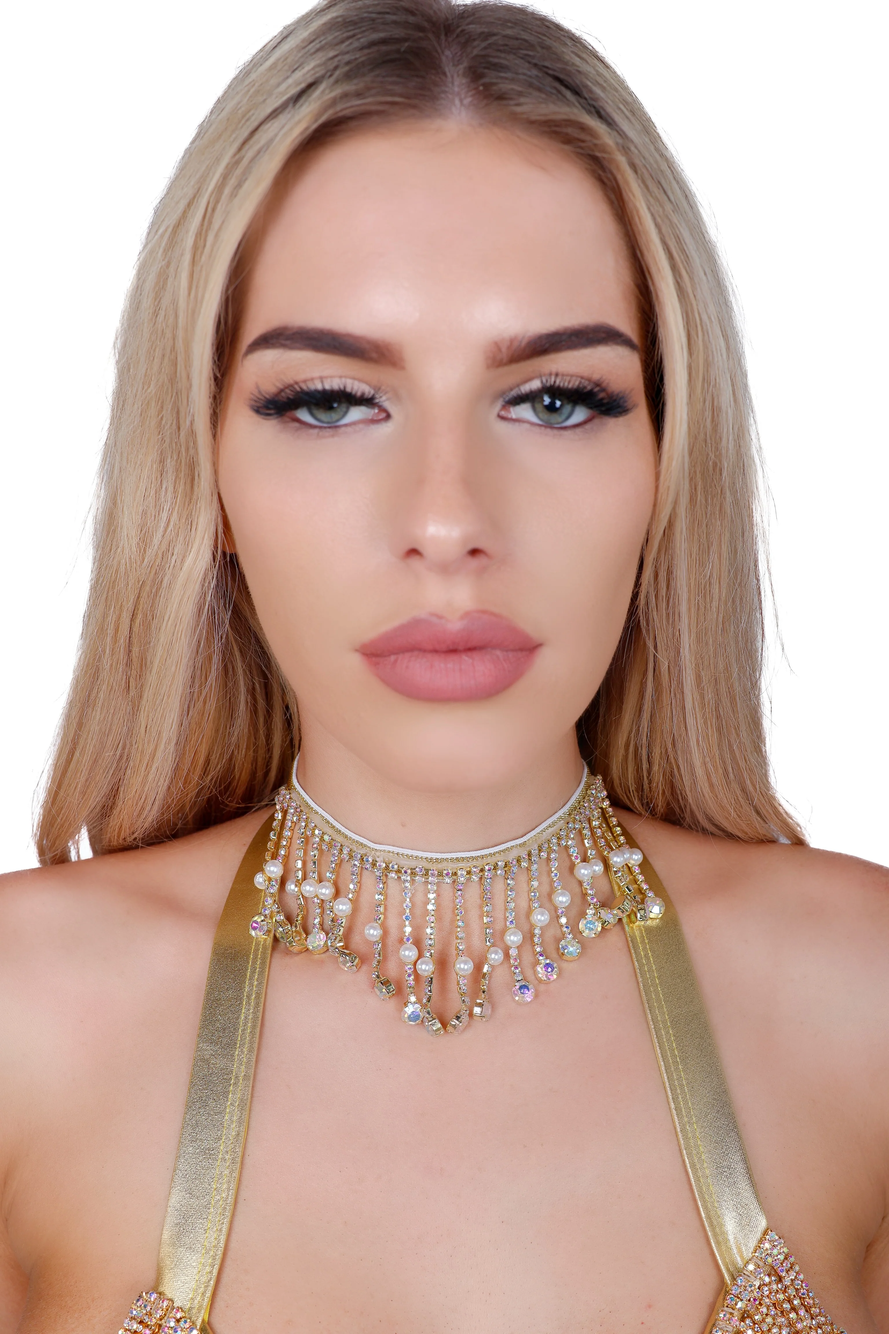 Gold Pearl Rhinestone Necklace - Image 2