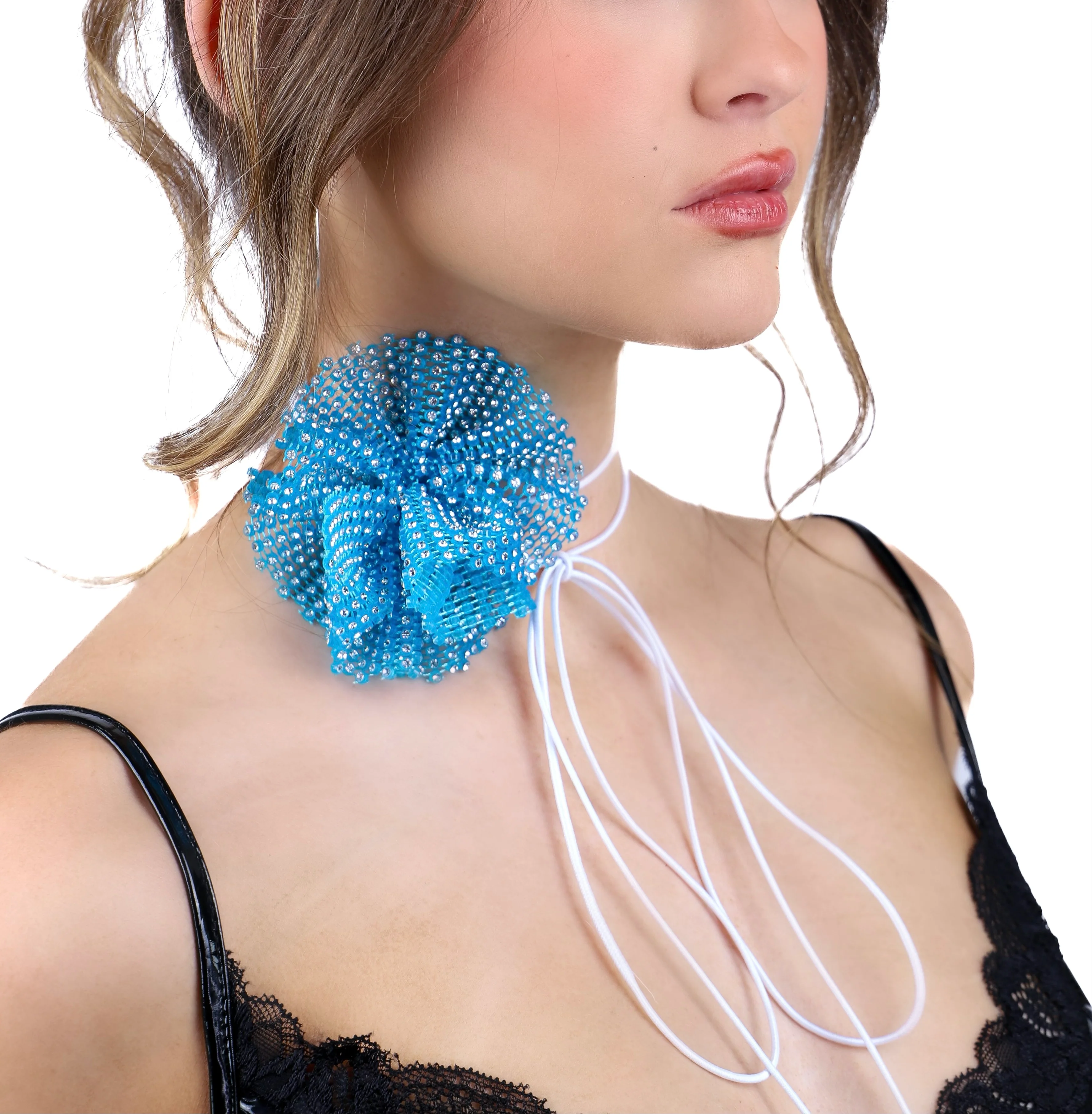 Blue Rose Rhinestone Mesh Necklace