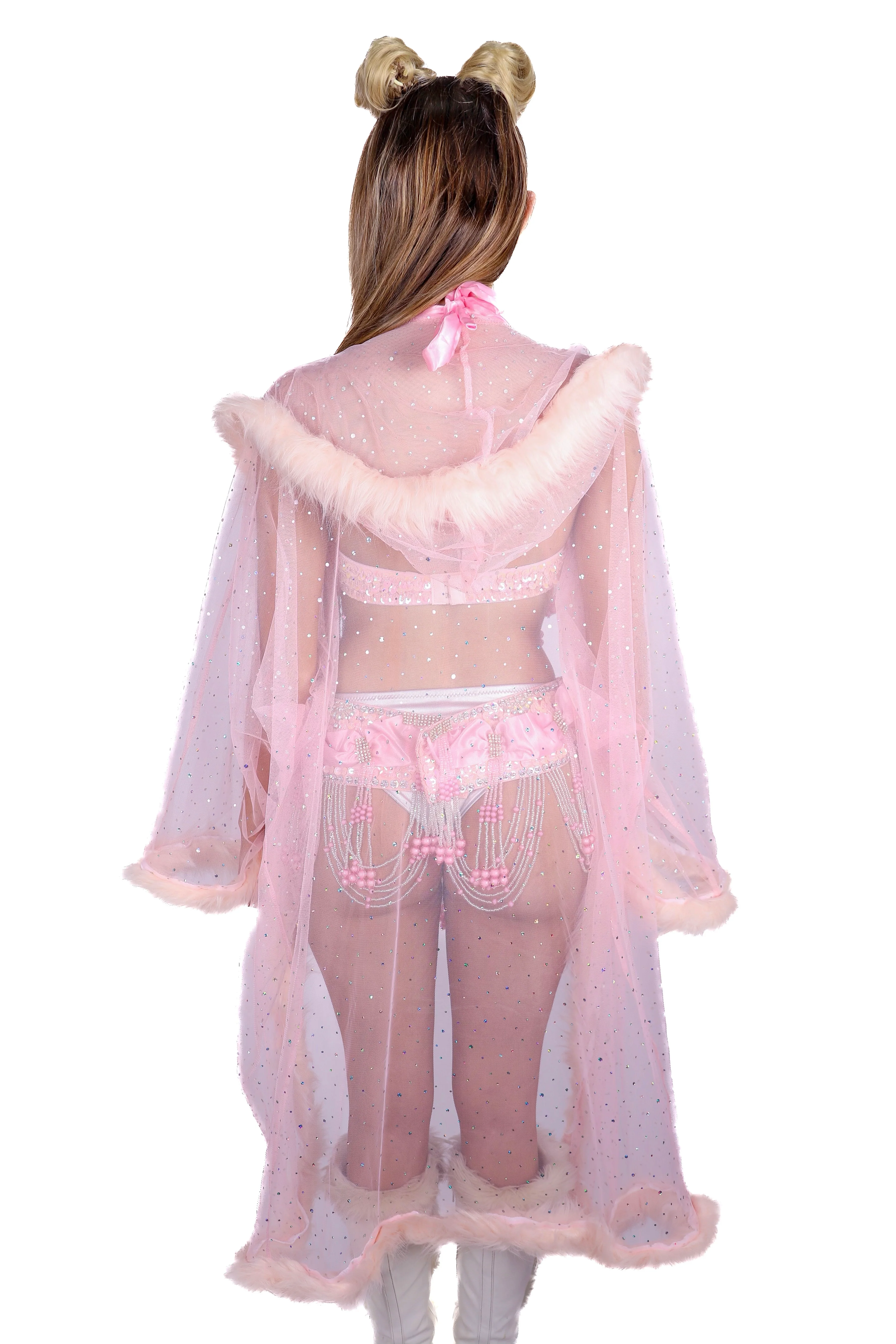 Long Fuzzy Kimono- Baby Pink Sparkle - Image 2