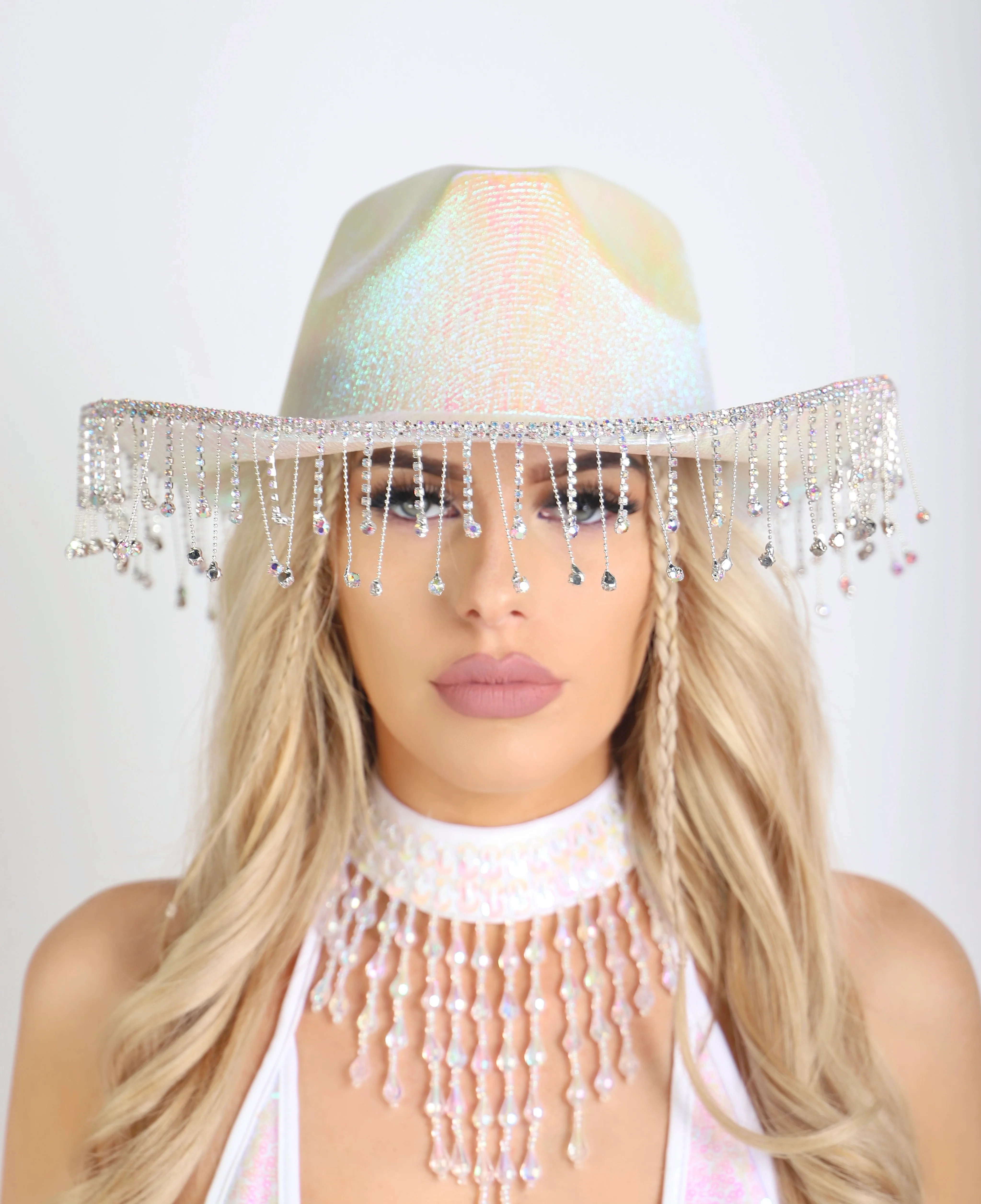 Metallic Iridescent Rhinestone Brim Hat