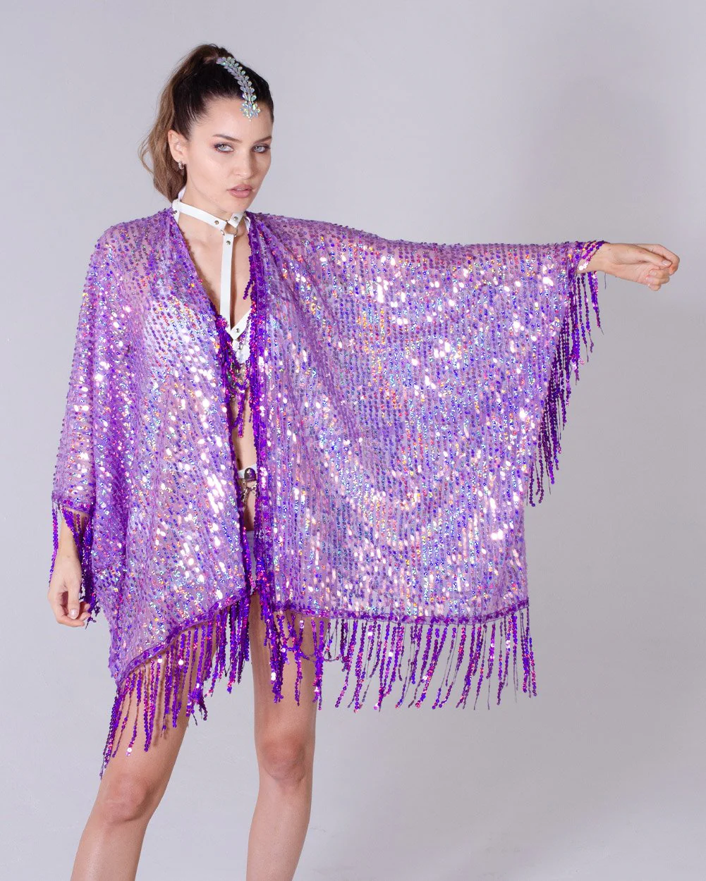 Disco Sequin Tassel Kimono - Purple Holographic - Image 4