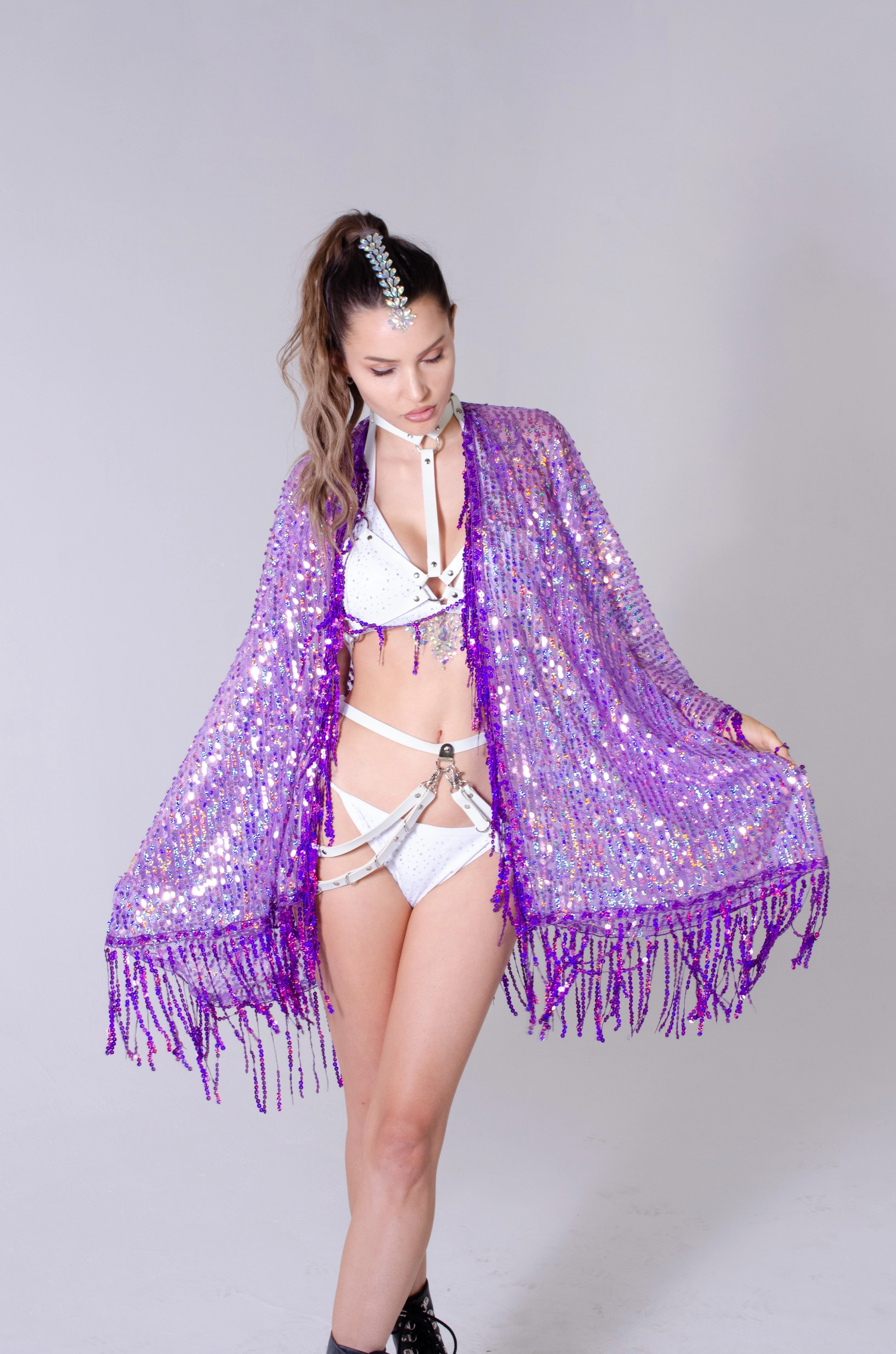 Disco Sequin Tassel Kimono - Purple Holographic - Image 5