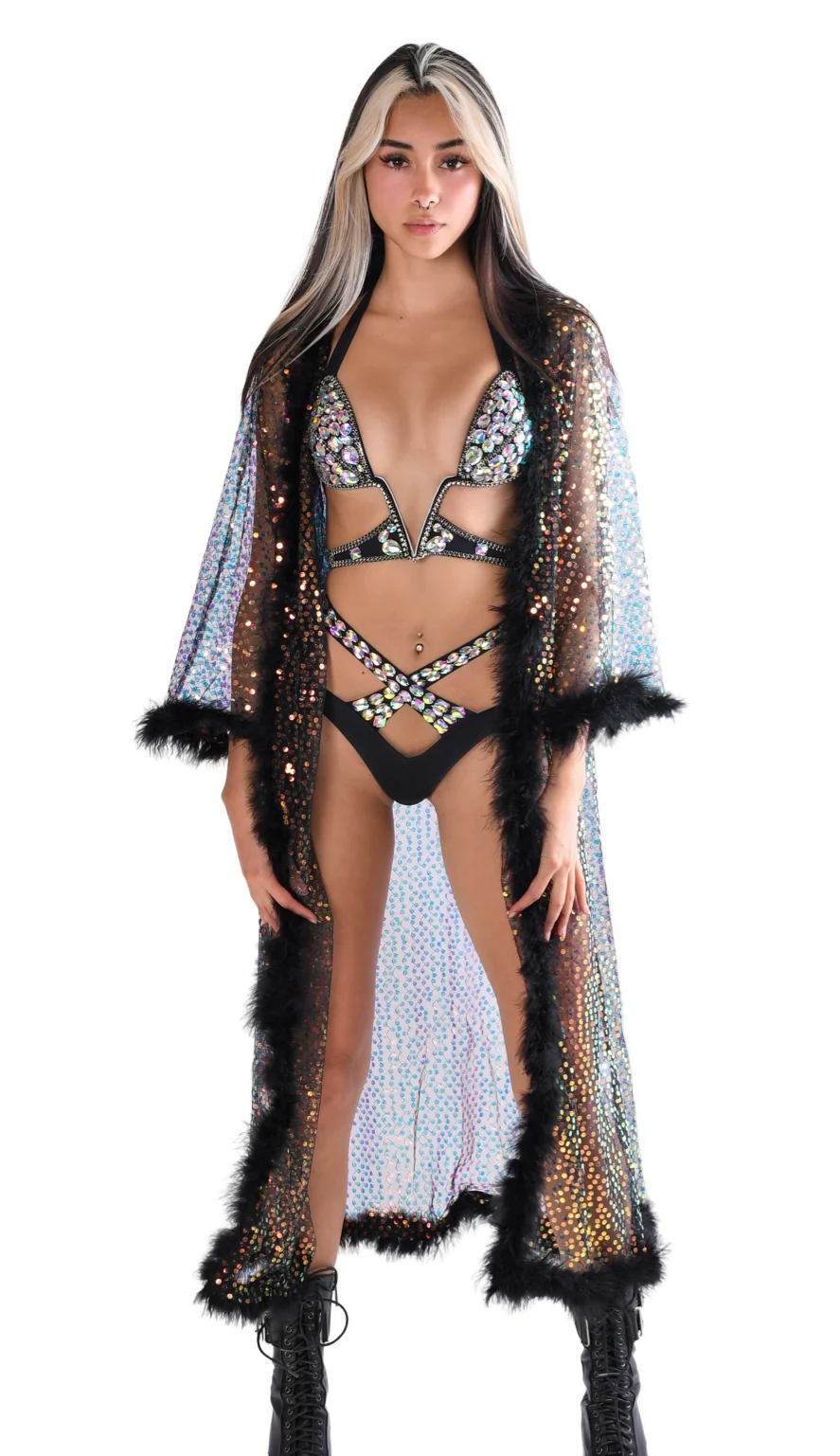 Fuzzy Long Sequin Kimono- Black Prism