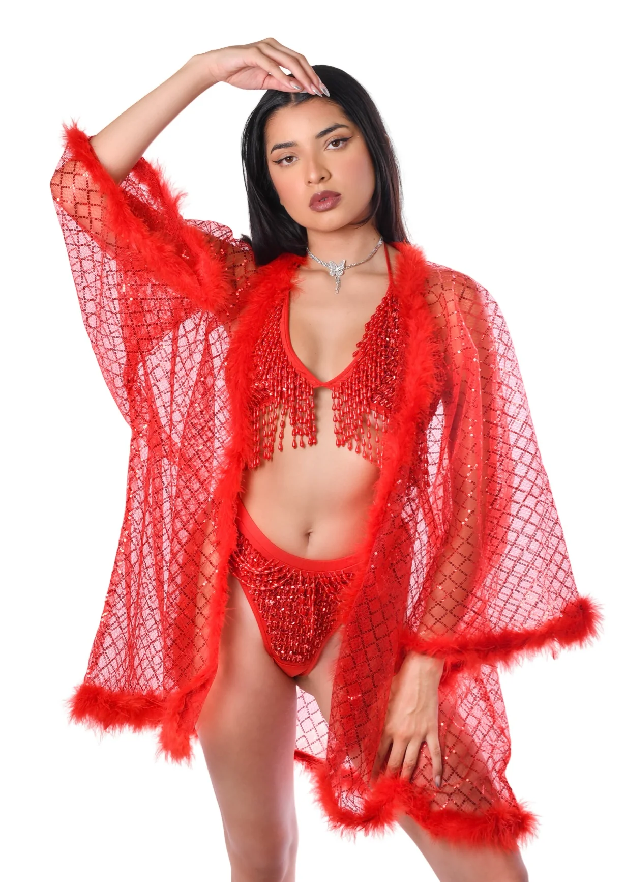 Fuzzy Sequin Kimono - Red Glitter