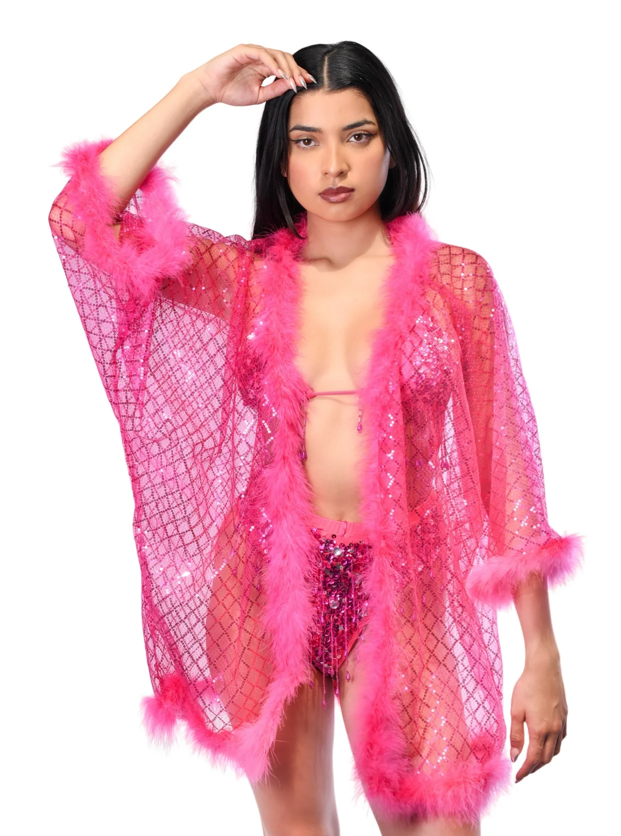 Fuzzy Sequin Kimono- Rose Pink - Image 3