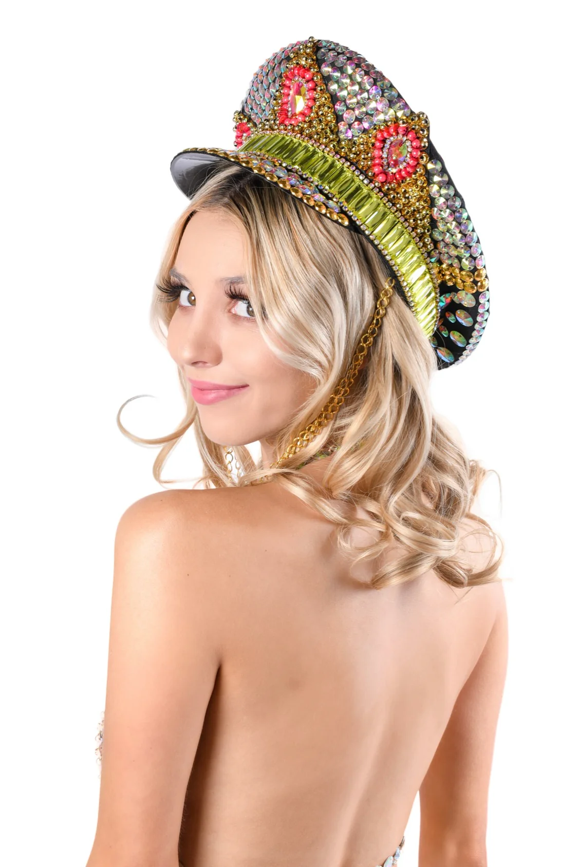 Golden Pink Rhinestone Festival Hat - Image 2