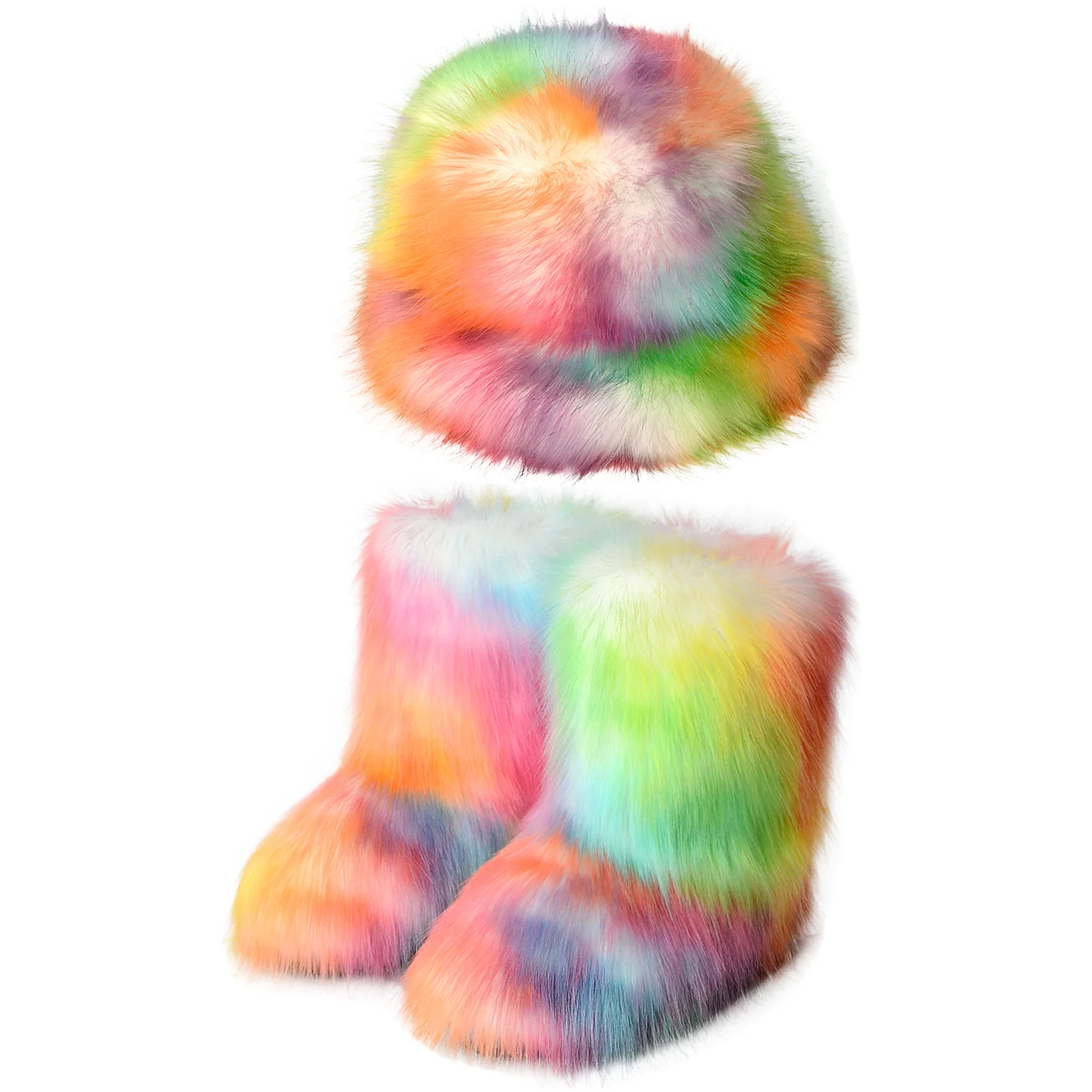 Pastel Rainbow Fuzzy Hat & Boots Set