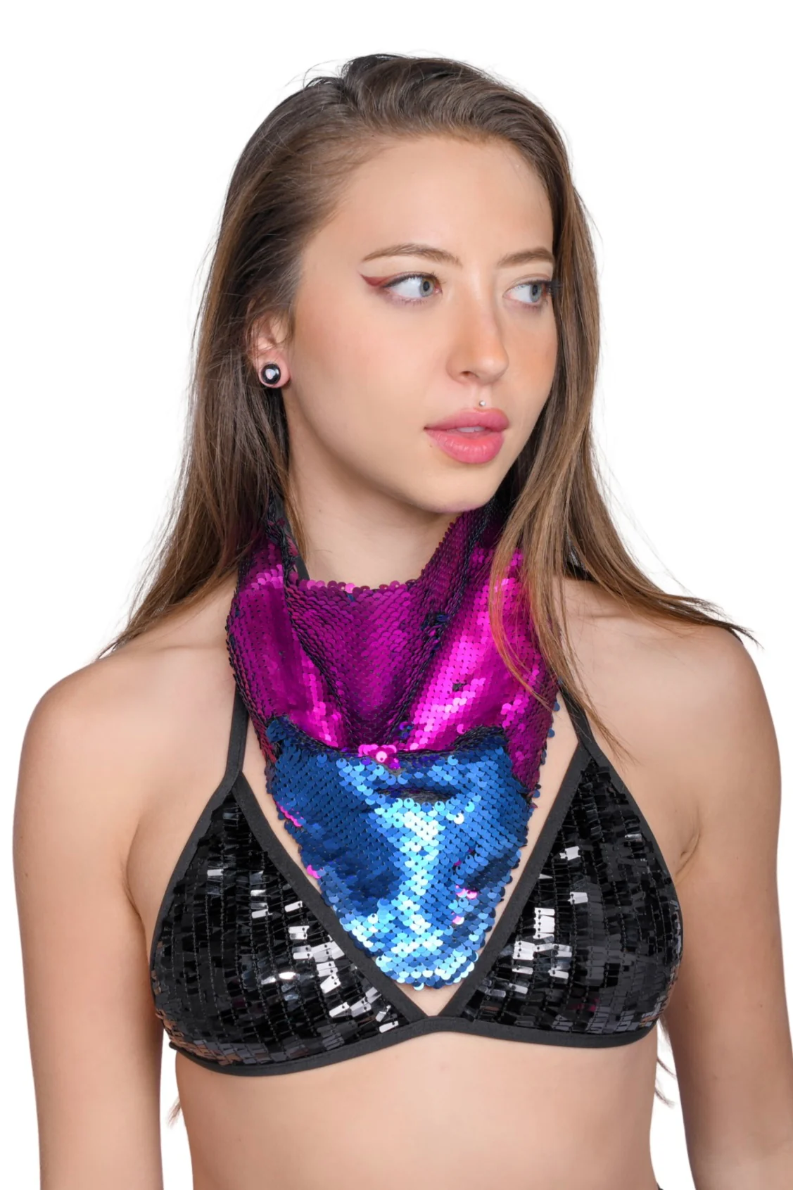 Reversible Sequin Bandana & Face Mask - Violet & Blue (Matt)