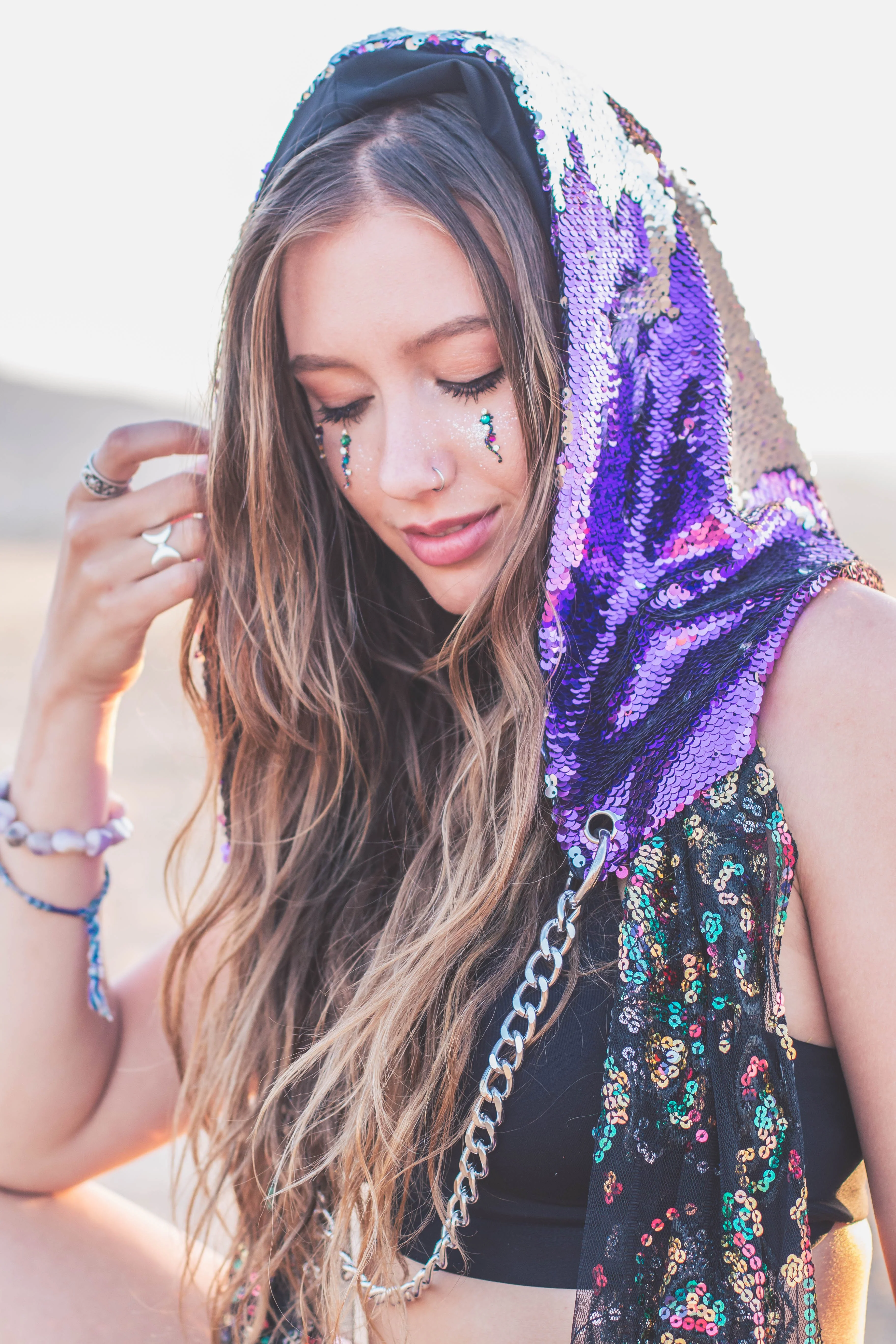 Reversible Sequin Hood - Purple & Silver - Image 3