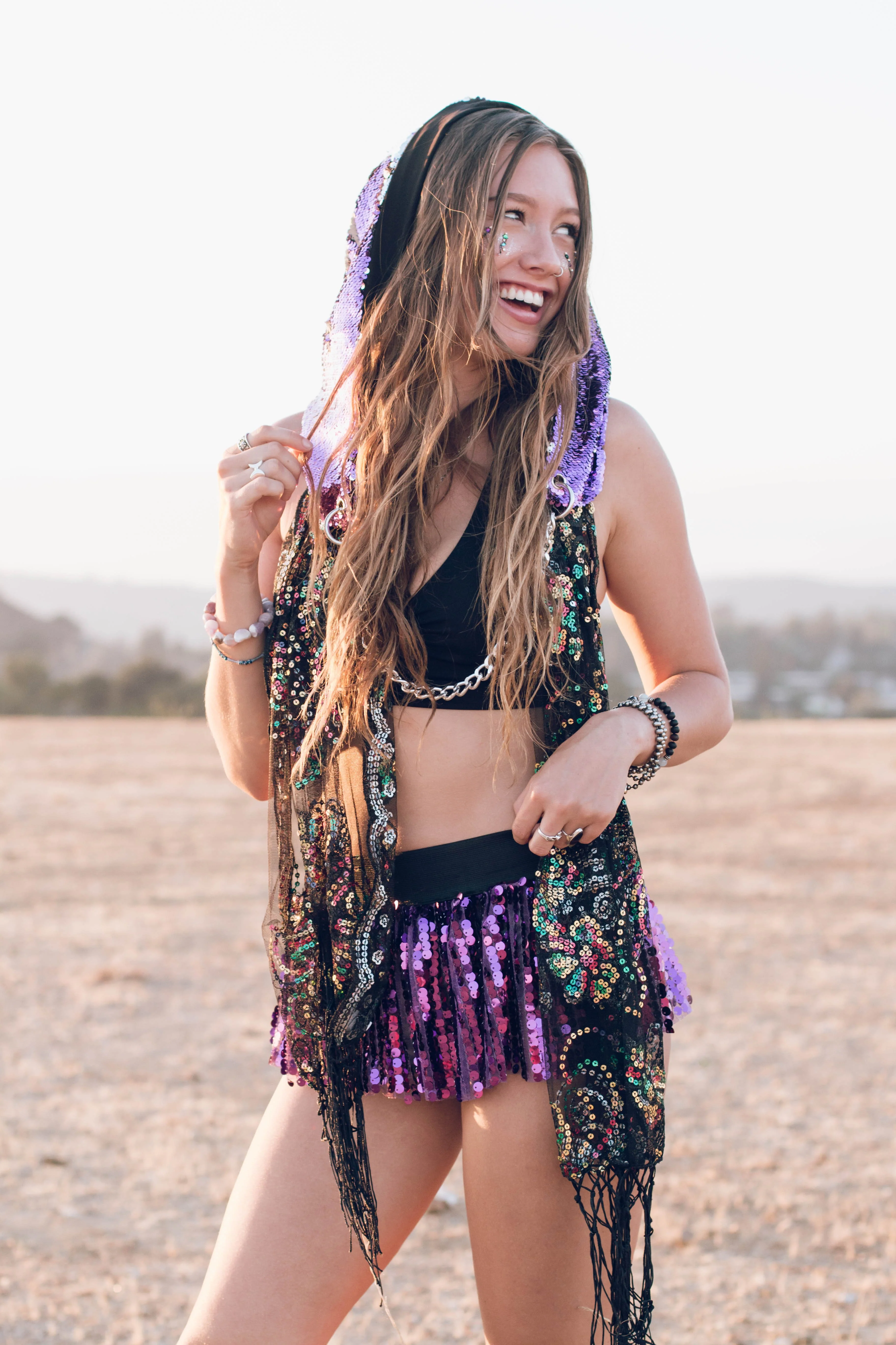 Reversible Sequin Hood - Purple & Silver - Image 5