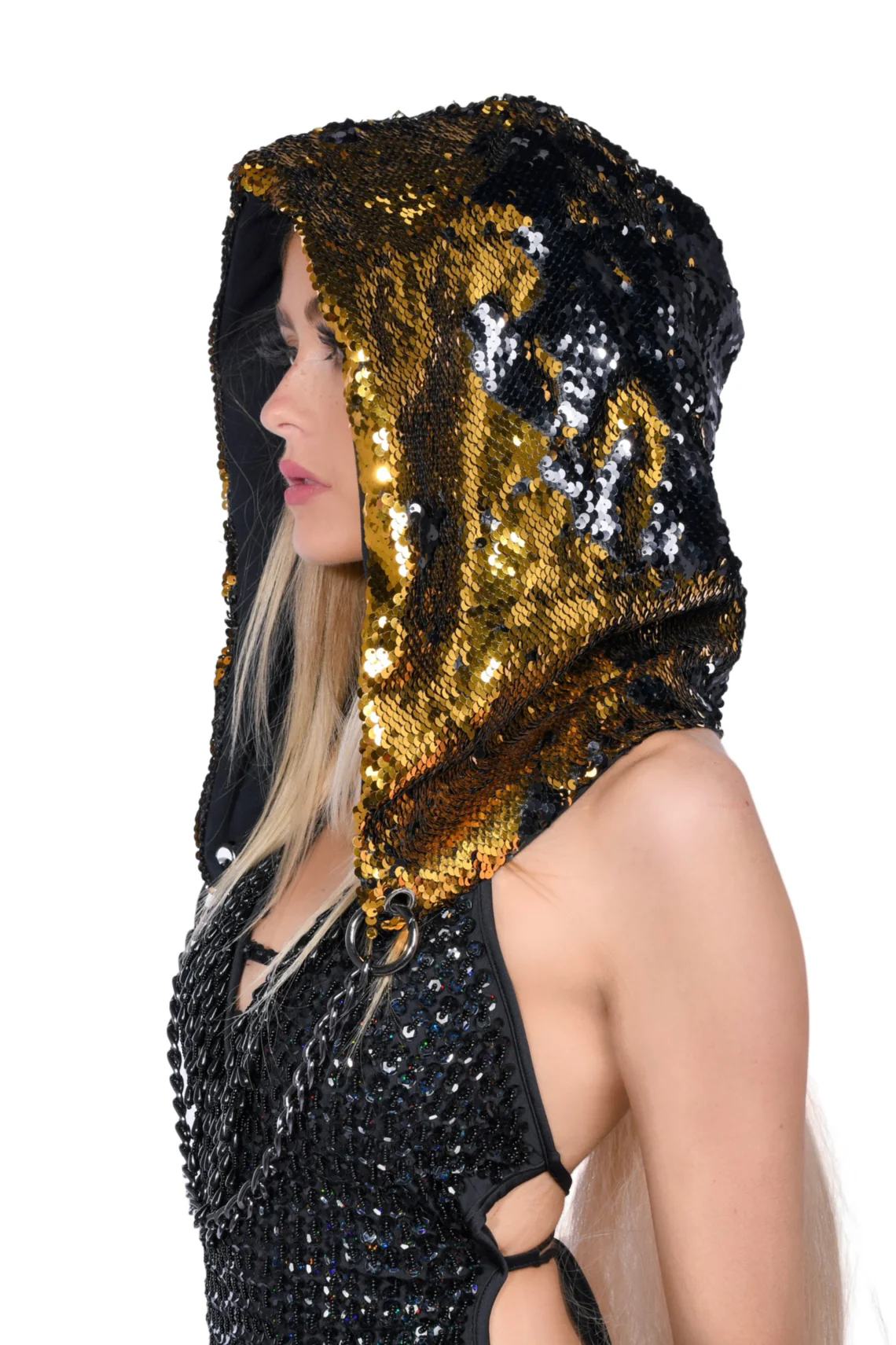 Reversible Sequin Hood - Gold & Black - Image 2