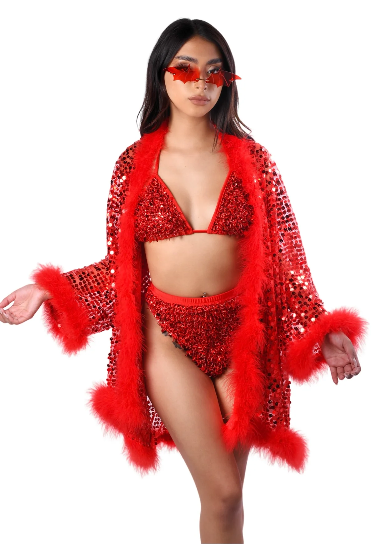 Sequin Fuzzy Kimono- Ruby Red - Image 4