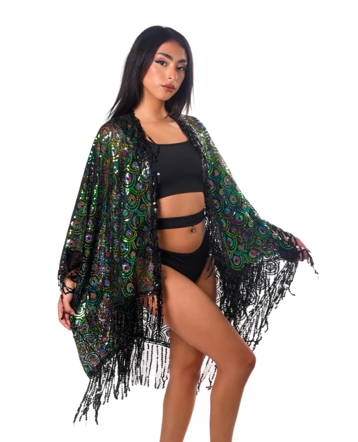 Sequin Tassel Kimono- Green Peacock - Image 3