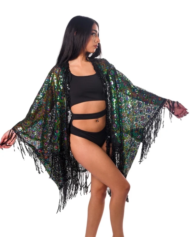 Sequin Tassel Kimono- Green Peacock - Image 4