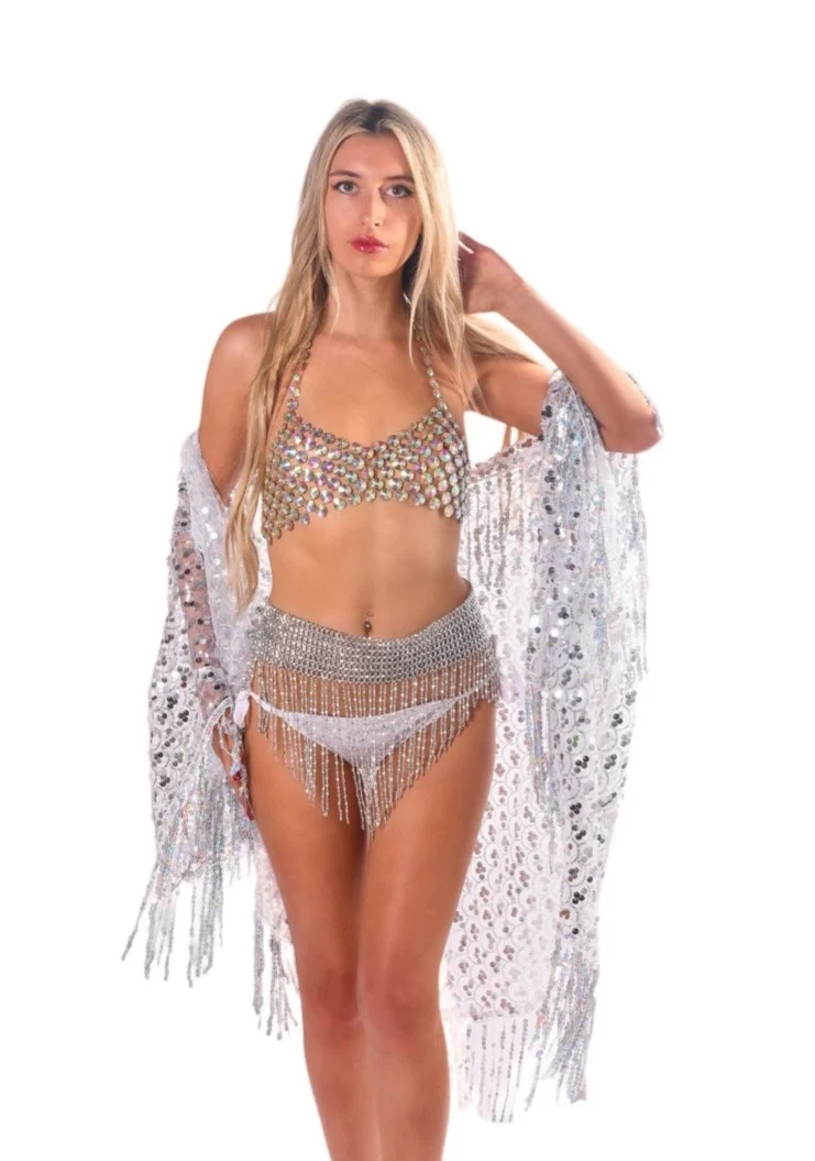 Sequin Tassel Kimono- Disco Silver - Image 8